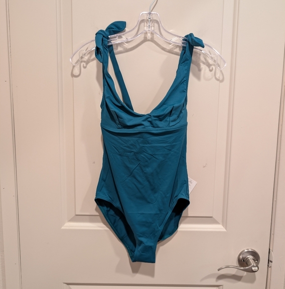 MAISON LEJABY Norma Jeane Knotted One-piece Teal One-Piece Swimsuit Bow Straps - Picture 2 of 8